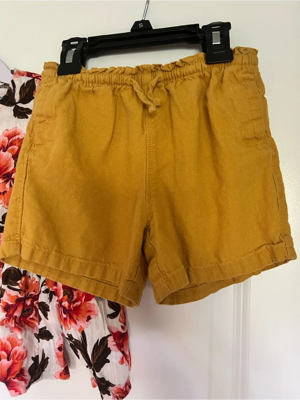 Old Navy White Top with Orange Floral Print + Mustard Yellow Shorts
